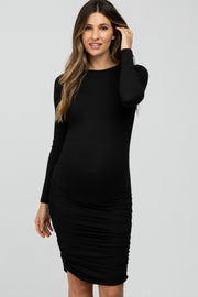 Black Side Ruched Fitted Maternity Dress