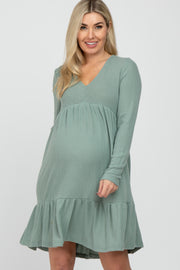 Light Olive Soft Brushed Ruffle Hem Maternity Dress