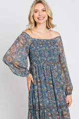 Blue Floral Chiffon Square Neck Ruffle Hem Midi Dress