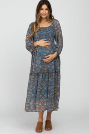 Blue Floral Chiffon Square Neck Ruffle Hem Maternity Midi Dress