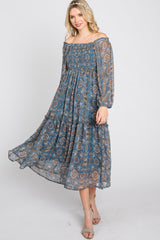 Blue Floral Chiffon Square Neck Ruffle Hem Maternity Midi Dress