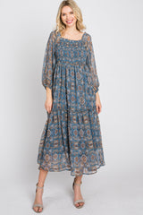 Blue Floral Chiffon Square Neck Ruffle Hem Midi Dress