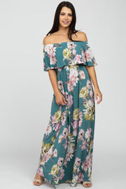 Teal Floral Flounce Off Shoulder Maxi Dress