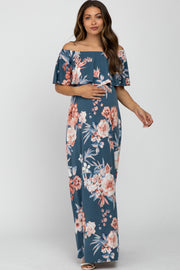 Blue Floral Off Shoulder Maternity Maxi Dress