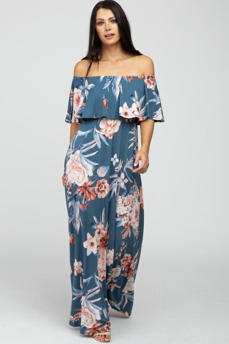 Blue Floral Off Shoulder Maxi Dress– PinkBlush