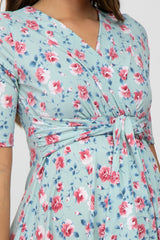 Mint Green Floral Waist Tie Maternity Dress