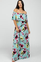 Mint Green Floral Off Shoulder Maxi Dress