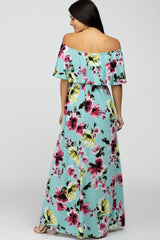 Mint Green Floral Off Shoulder Maxi Dress