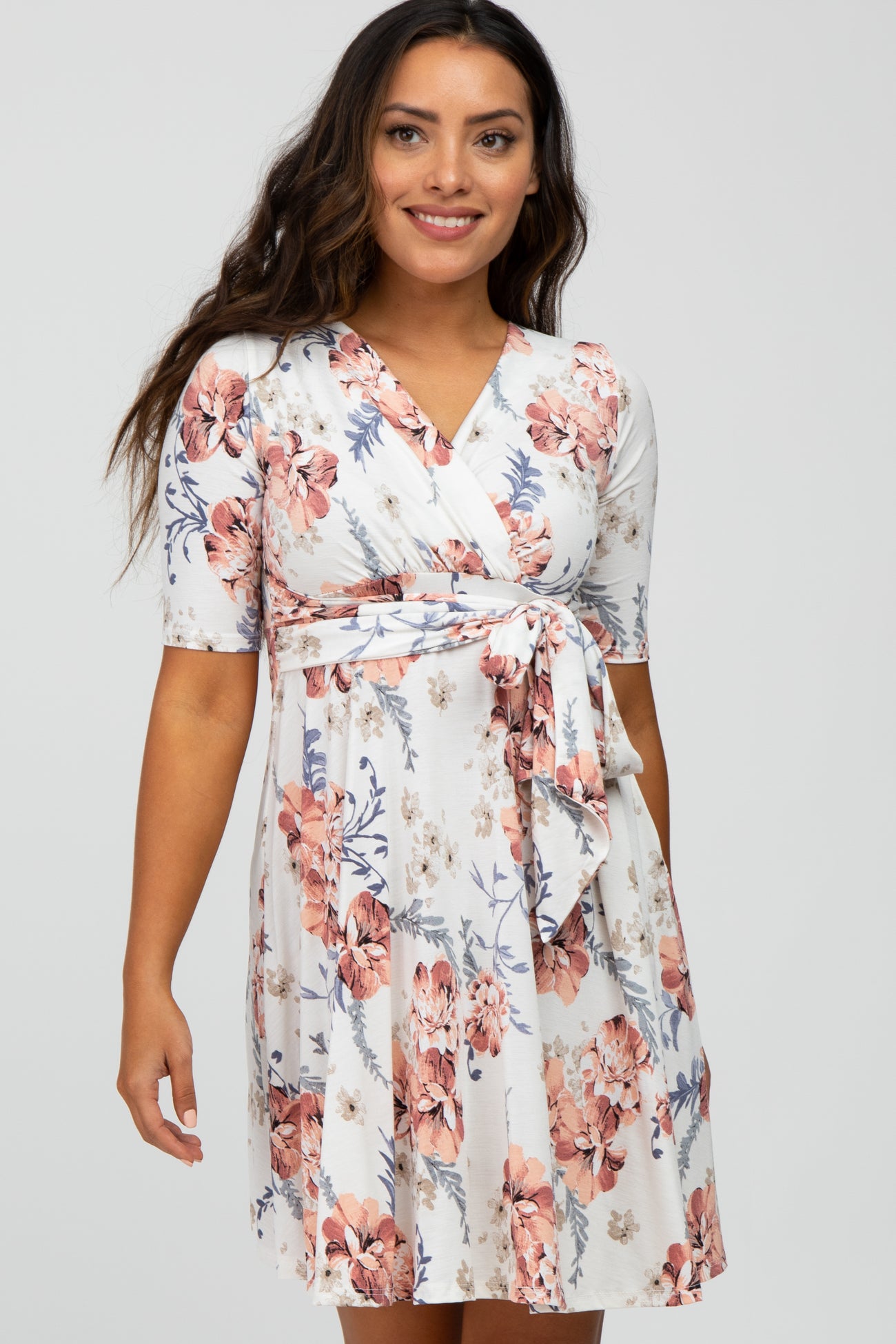 Ivory Floral Waist Tie Maternity Dress– PinkBlush