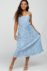 Blue Floral Pleated Midi Dress