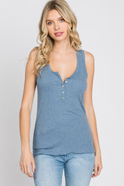 Blue Ribbed Button Front Tank Top