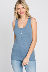 Blue Ribbed Button Front Tank Top