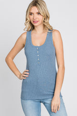 Blue Ribbed Button Front Tank Top