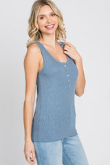 Blue Ribbed Button Front Tank Top