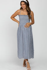 Navy Blue Checkered Square Neck Smocked Maternity Midi Dress