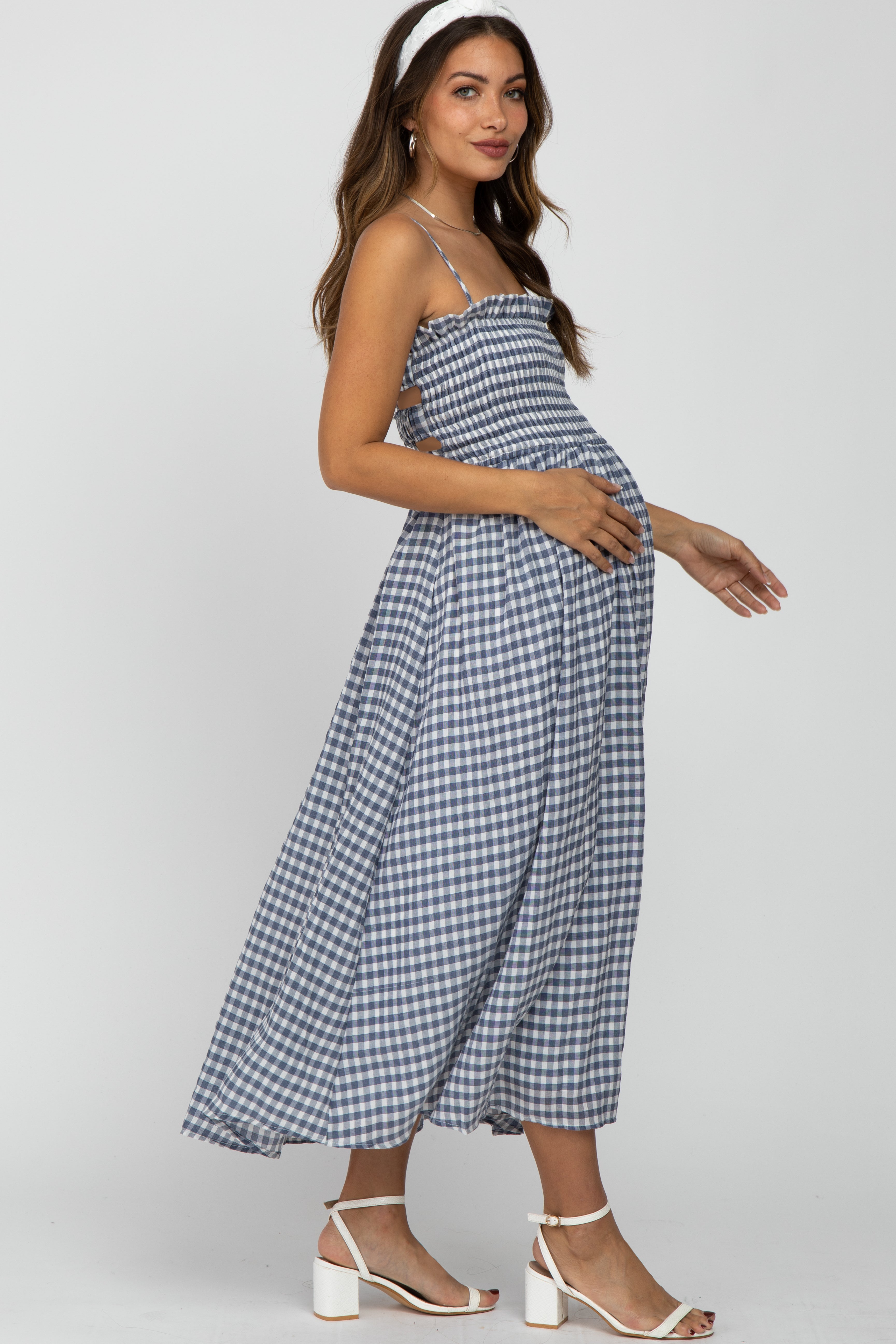 Navy Blue Checkered Square Neck Smocked Maternity Midi Dress – PinkBlush