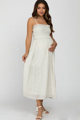 Taupe Checkered Square Neck Smocked Maternity Midi Dress