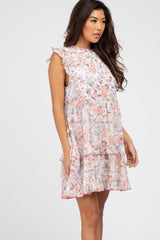 Multi-Color Floral Chiffon Mock Neck Ruffle Sleeve Dress