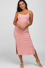 Pink Ribbed Sleeveless Midi Dress