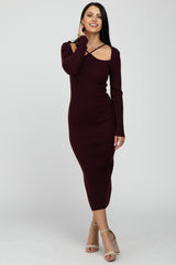 Plum Ribbed Strap Front Cutout Midi Dress