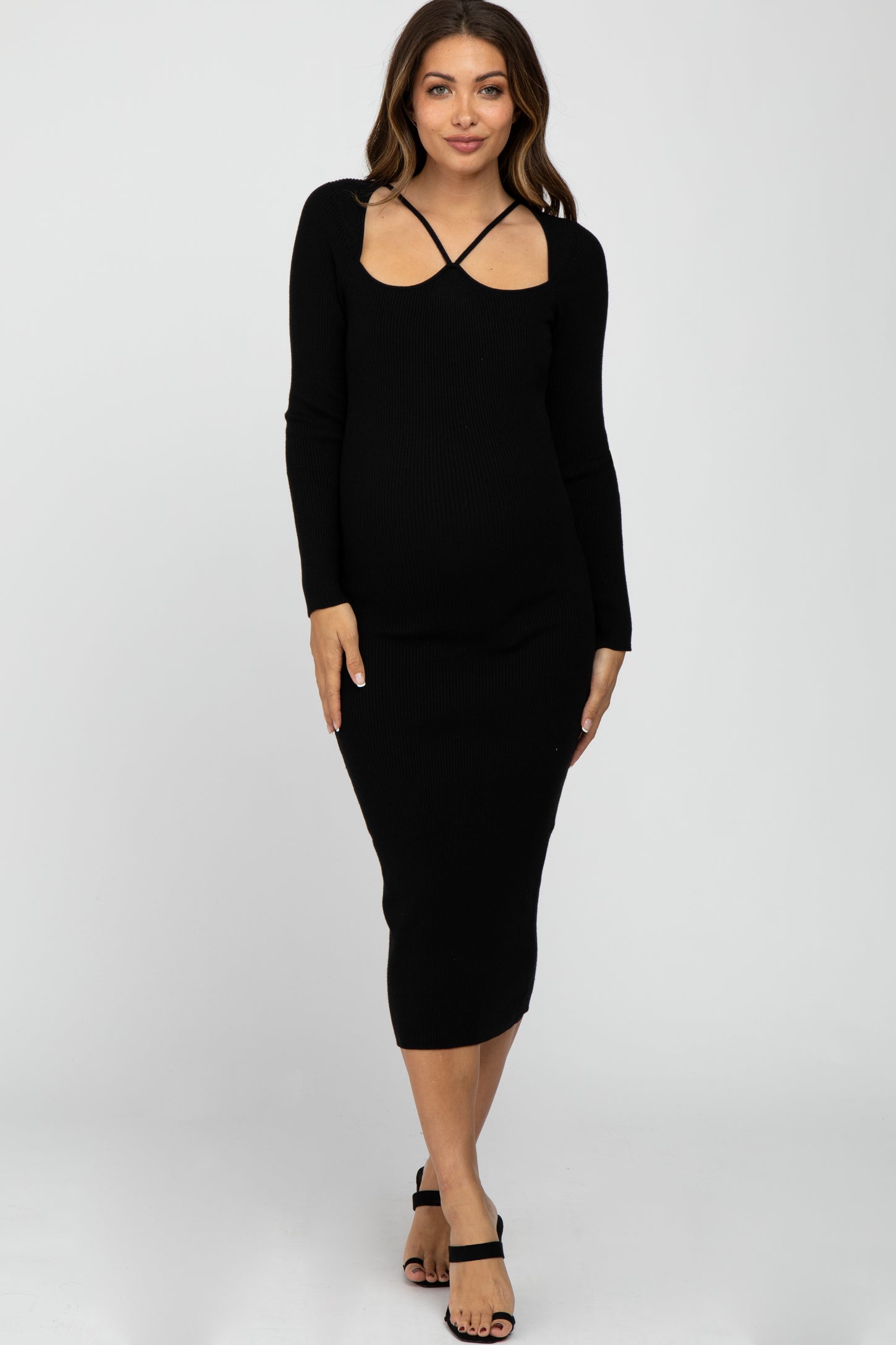 Black Textured Tie Strap Maternity Midi Dress– PinkBlush