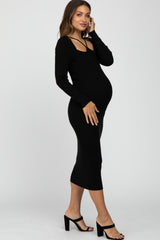 Black Ribbed Strap Front Cutout Maternity Midi Dress