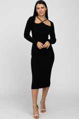 Black Ribbed Strap Front Cutout Maternity Midi Dress