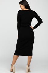 Black Ribbed Strap Front Cutout Midi Dress