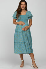 Teal Floral Smocked Tiered Maternity Midi Dress