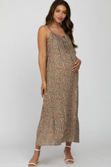 Olive Floral Sleeveless Ruffle Hem Maternity Maxi Dress