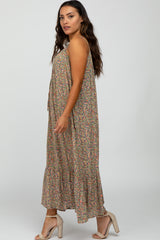 Olive Floral Sleeveless Ruffle Hem Maxi Dress