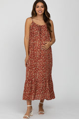 Burgundy Floral Sleeveless Ruffle Hem Maternity Maxi Dress