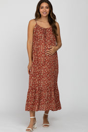 Burgundy Floral Sleeveless Ruffle Hem Maternity Maxi Dress