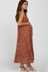 Burgundy Floral Sleeveless Ruffle Hem Maternity Maxi Dress