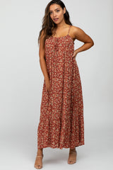 Burgundy Floral Sleeveless Ruffle Hem Maternity Maxi Dress