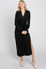 Black Button Accent Collared Maxi Dress