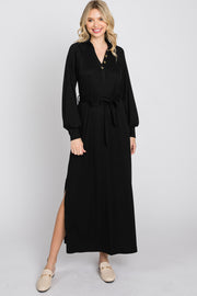 Black Button Accent Collared Maxi Dress