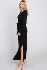 Black Button Accent Collared Maxi Dress