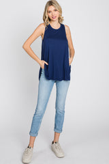 Navy Raw Hem Sleeveless Tank Top