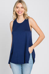 Navy Raw Hem Sleeveless Tank Top