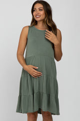 Olive Tiered Sleeveless Maternity Dress