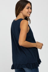 Navy Sleeveless Ruffle Hem Maternity Top