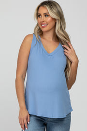 Light Blue Ribbed V-Neck Maternity Tank Top