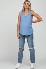 Light Blue Ribbed V-Neck Maternity Tank Top