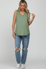 Light Olive Ribbed V-Neck Maternity Tank Top