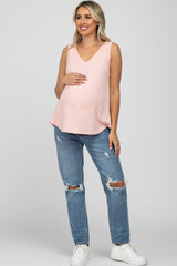 Light Pink Ribbed V-Neck Maternity Tank Top