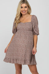 Taupe Floral Puff Sleeve Maternity Dress