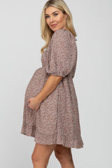 Taupe Floral Puff Sleeve Maternity Dress