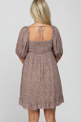 Taupe Floral Puff Sleeve Maternity Dress