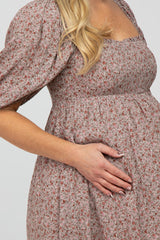 Taupe Floral Puff Sleeve Maternity Dress